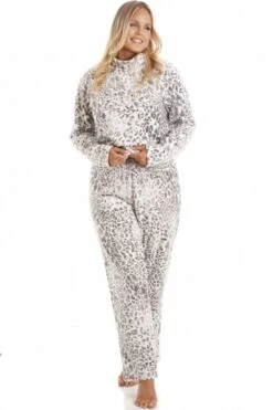 Camille Womens Supersoft Grey Fleece Animal Print Pyjama Set